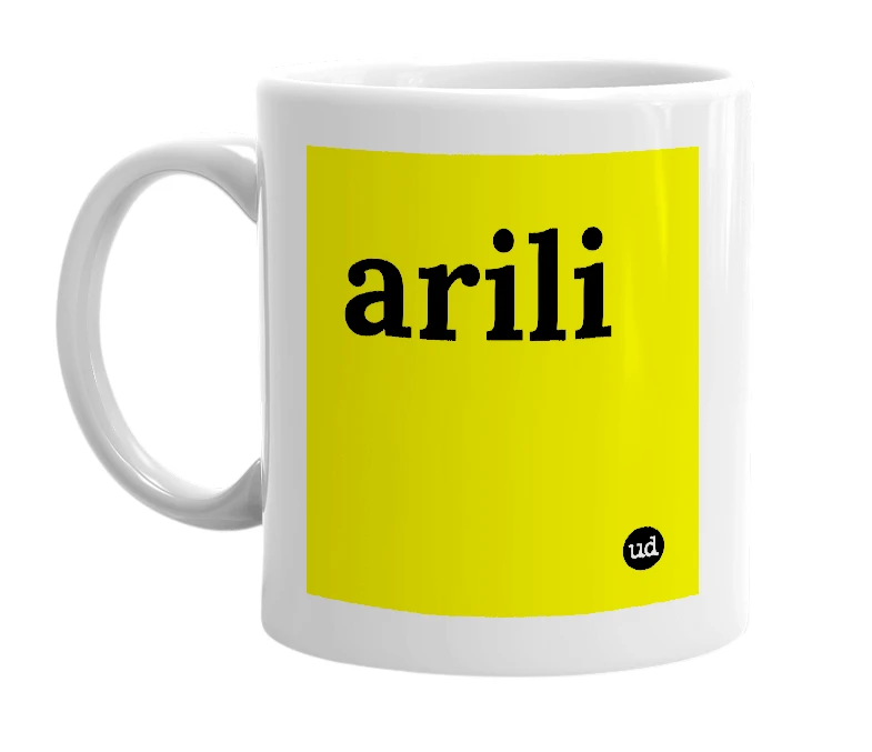 White mug with 'arili' in bold black letters