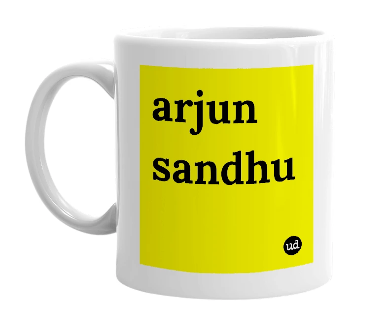White mug with 'arjun sandhu' in bold black letters