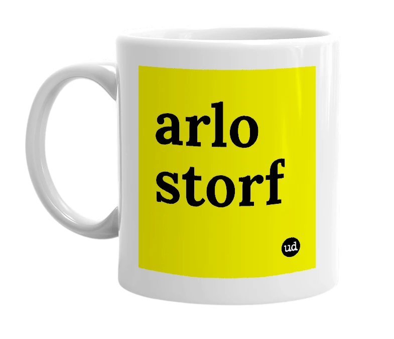 White mug with 'arlo storf' in bold black letters