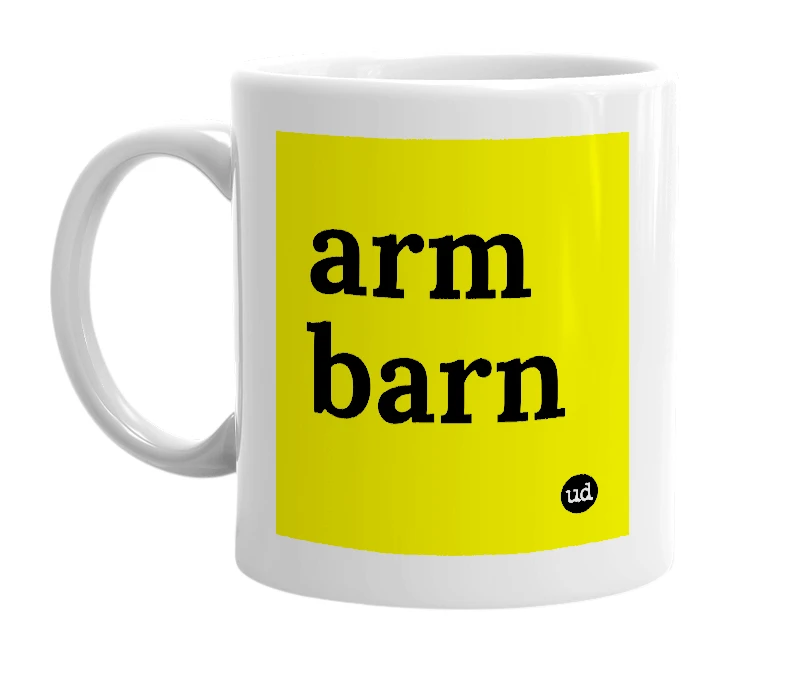 White mug with 'arm barn' in bold black letters