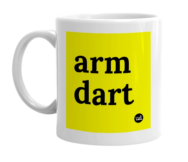 White mug with 'arm dart' in bold black letters