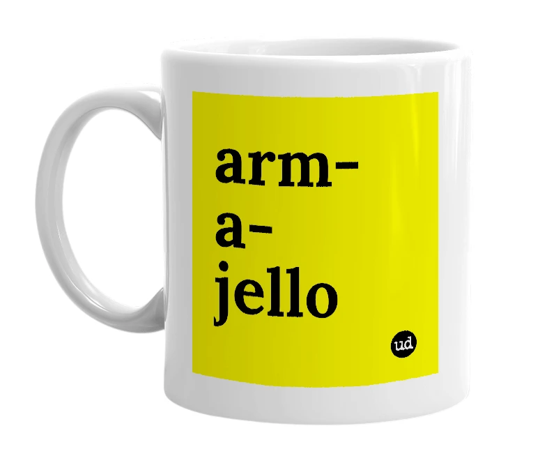 White mug with 'arm-a-jello' in bold black letters