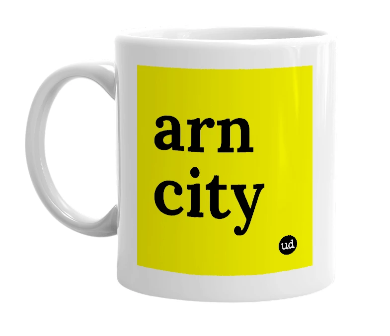 White mug with 'arn city' in bold black letters