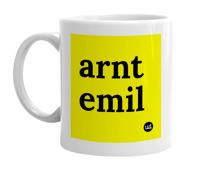 White mug with 'arnt emil' in bold black letters