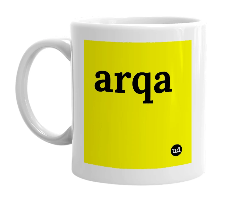 White mug with 'arqa' in bold black letters