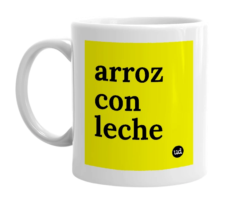 White mug with 'arroz con leche' in bold black letters