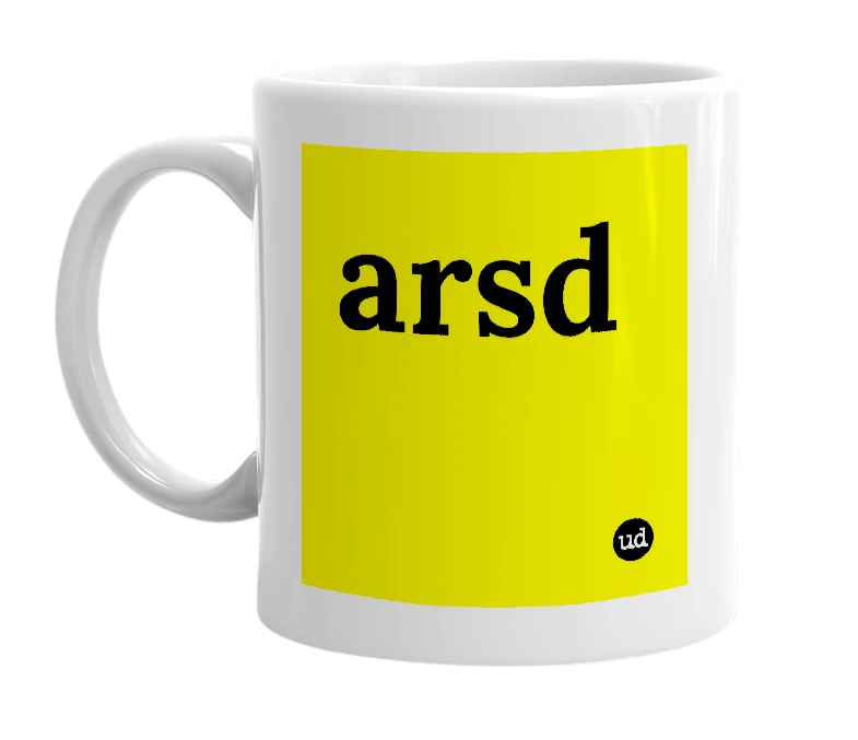 White mug with 'arsd' in bold black letters