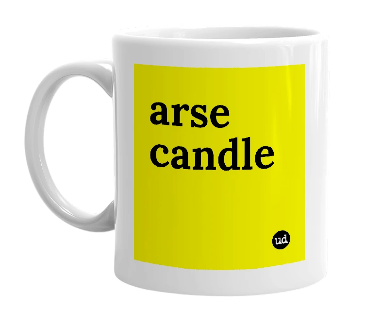 White mug with 'arse candle' in bold black letters