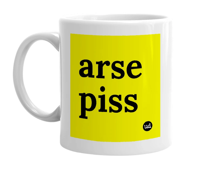 White mug with 'arse piss' in bold black letters