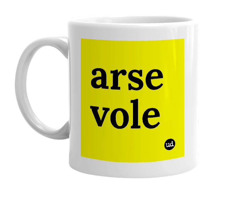 White mug with 'arse vole' in bold black letters