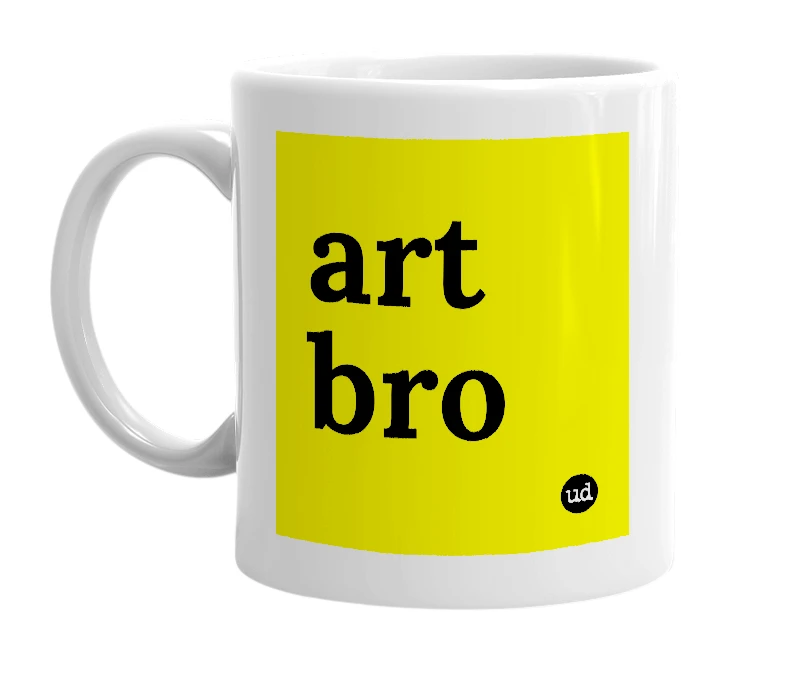 White mug with 'art bro' in bold black letters