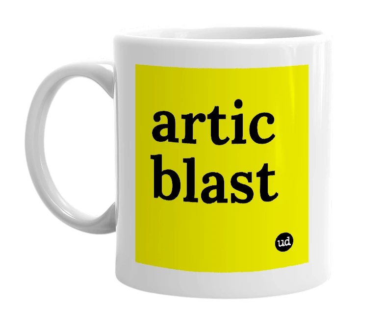 White mug with 'artic blast' in bold black letters