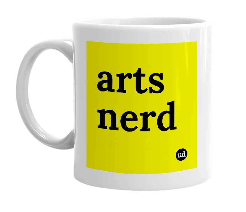 White mug with 'arts nerd' in bold black letters