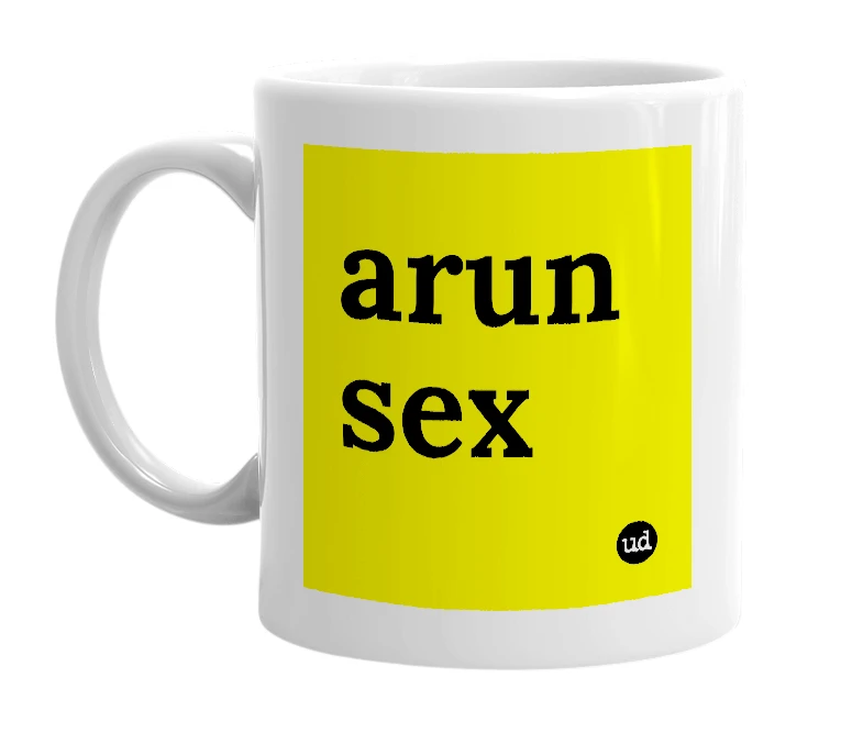 White mug with 'arun sex' in bold black letters