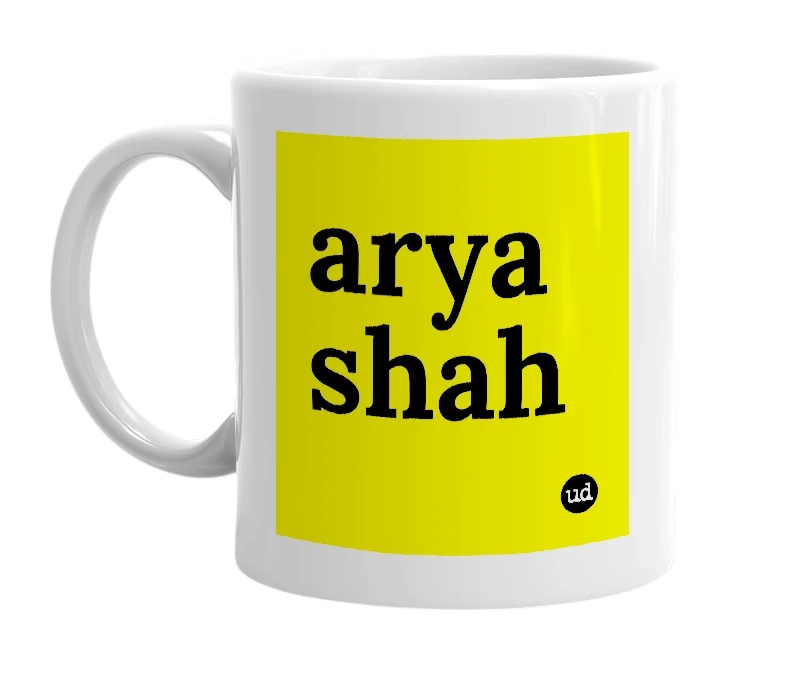 White mug with 'arya shah' in bold black letters