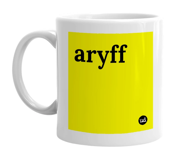 White mug with 'aryff' in bold black letters