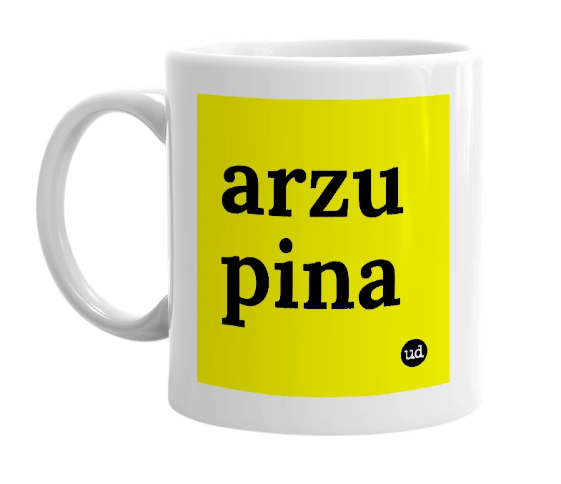 White mug with 'arzu pina' in bold black letters