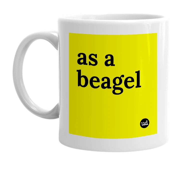 White mug with 'as a beagel' in bold black letters