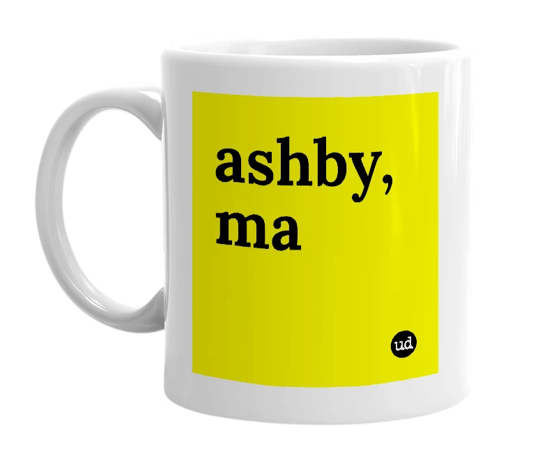 White mug with 'ashby, ma' in bold black letters