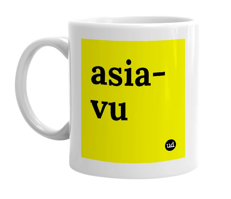 White mug with 'asia-vu' in bold black letters