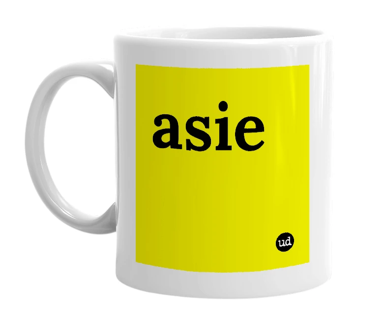 White mug with 'asie' in bold black letters