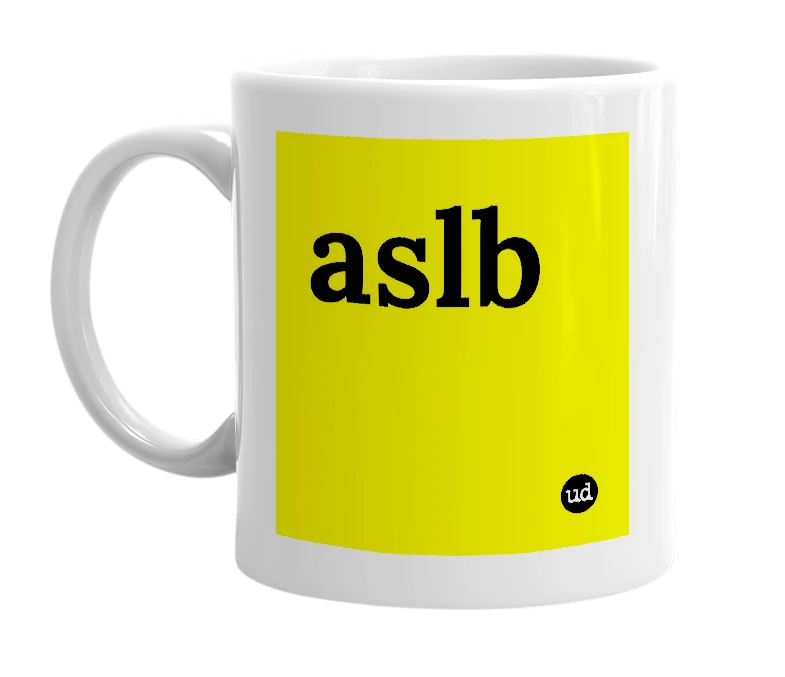 White mug with 'aslb' in bold black letters