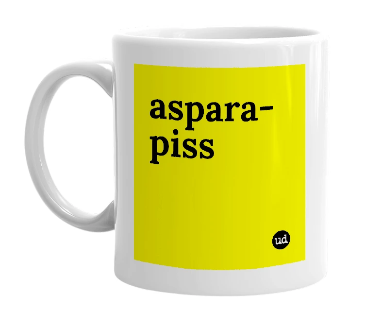 White mug with 'aspara-piss' in bold black letters