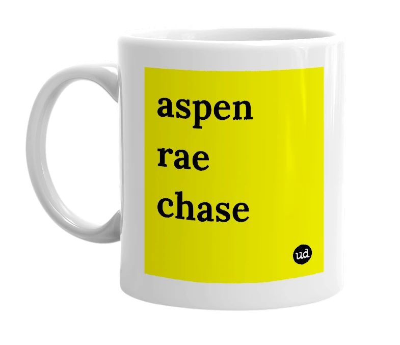 White mug with 'aspen rae chase' in bold black letters