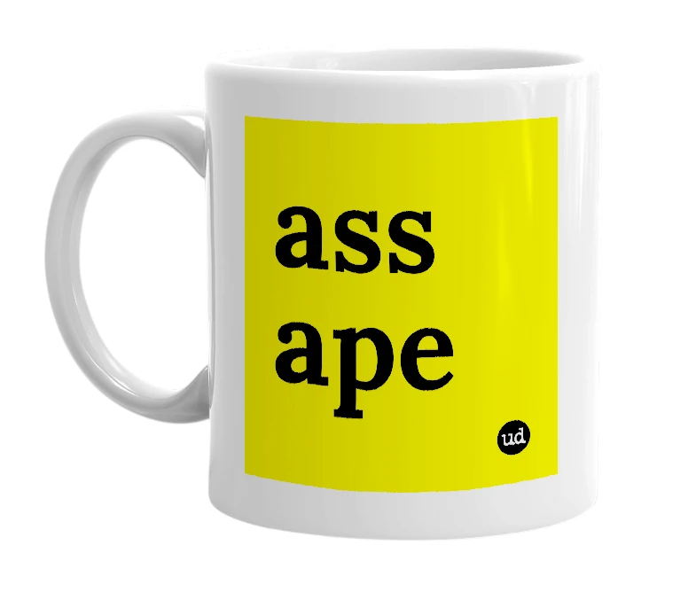 White mug with 'ass ape' in bold black letters