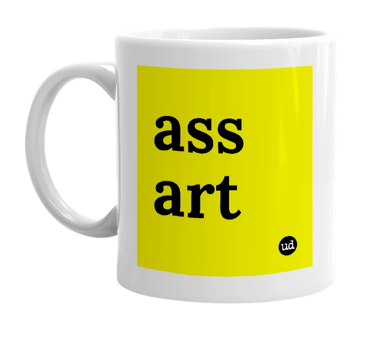 White mug with 'ass art' in bold black letters