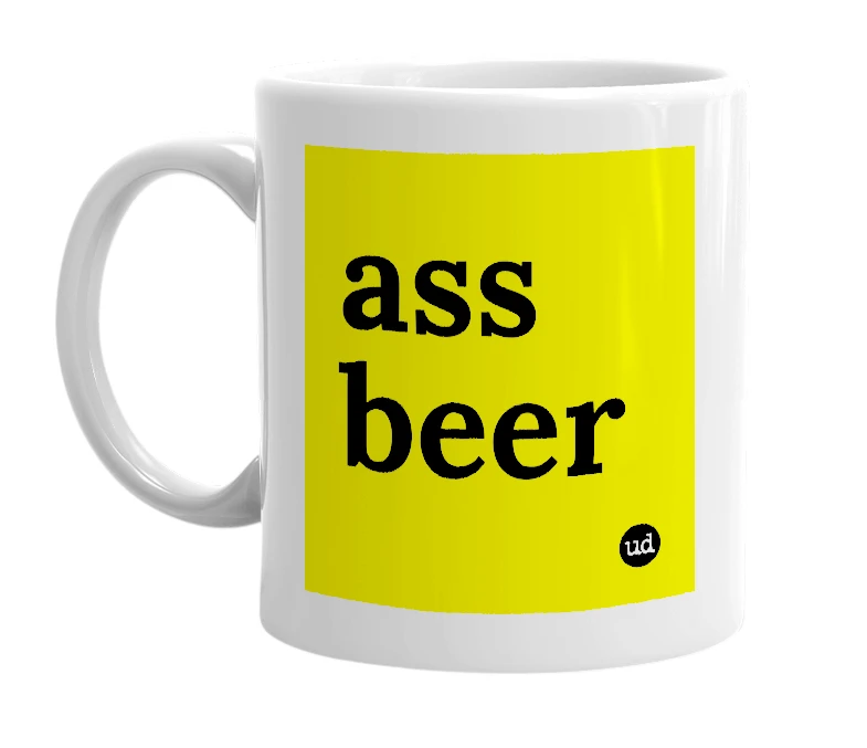 White mug with 'ass beer' in bold black letters