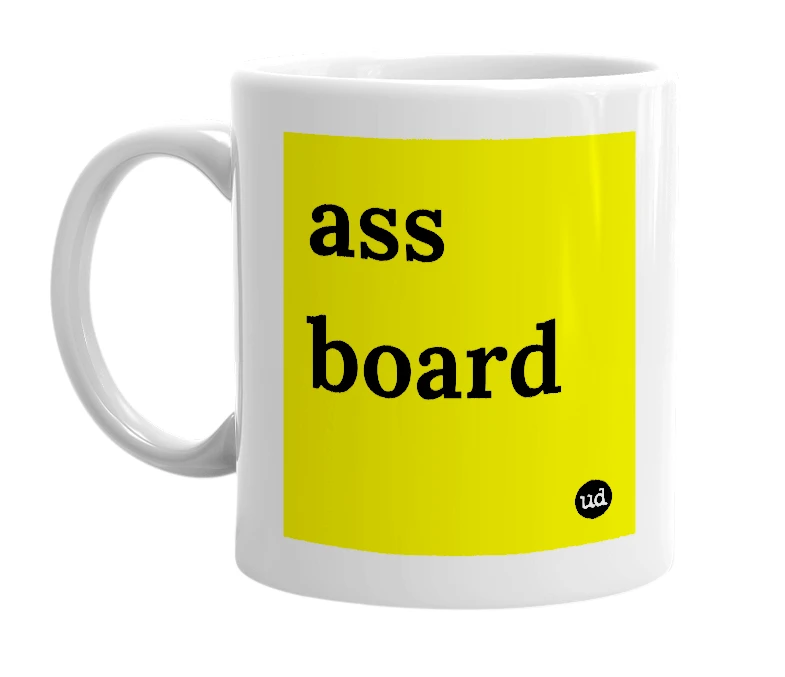 White mug with 'ass board' in bold black letters