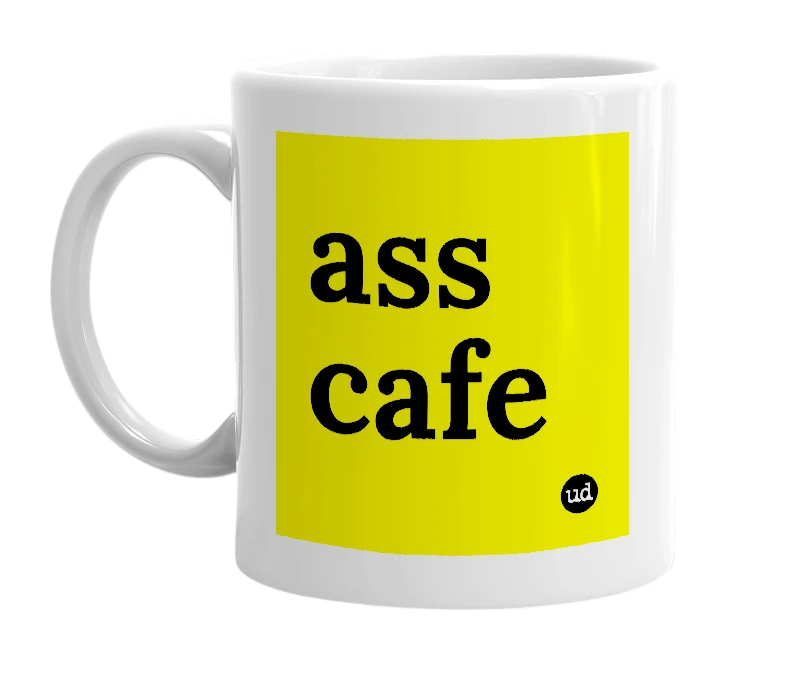 White mug with 'ass cafe' in bold black letters