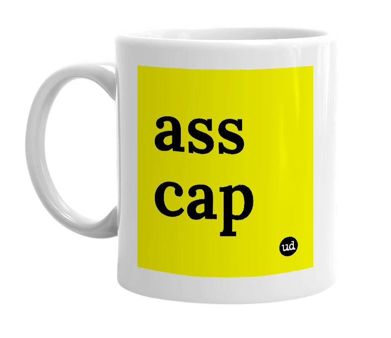 White mug with 'ass cap' in bold black letters