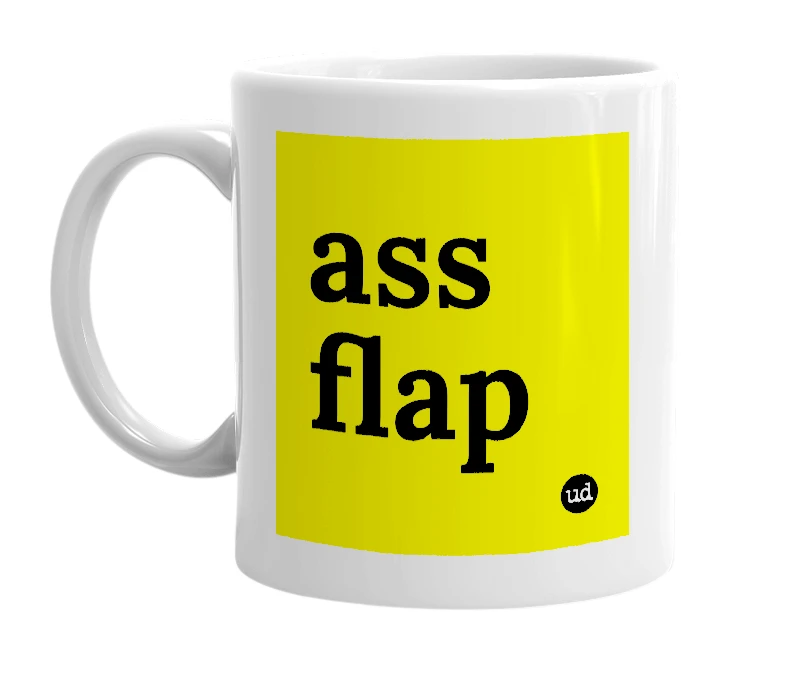 White mug with 'ass flap' in bold black letters