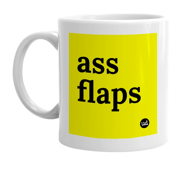 White mug with 'ass flaps' in bold black letters