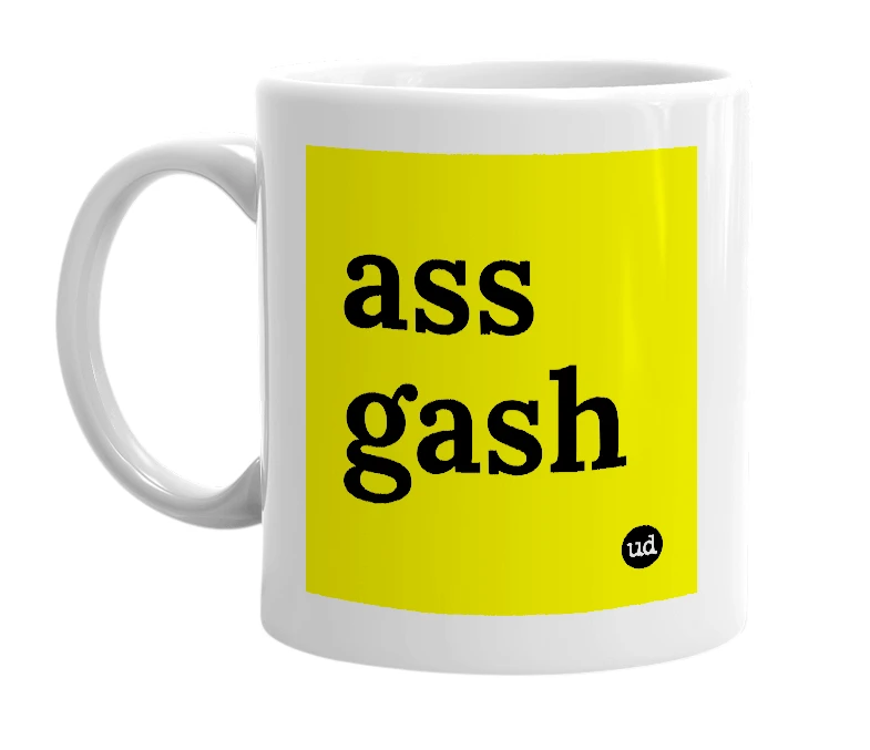 White mug with 'ass gash' in bold black letters