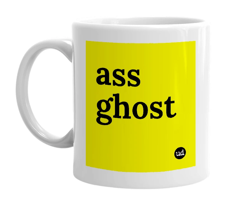 White mug with 'ass ghost' in bold black letters