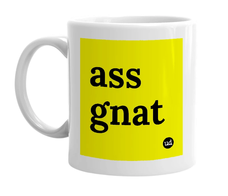 White mug with 'ass gnat' in bold black letters