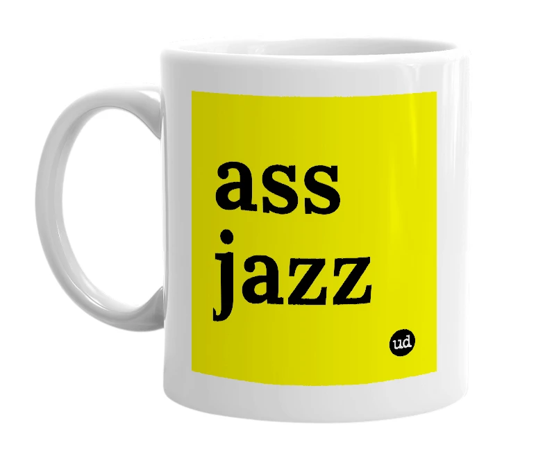 White mug with 'ass jazz' in bold black letters