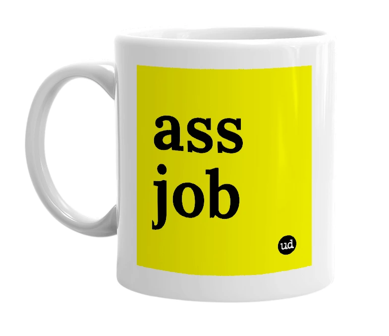 White mug with 'ass job' in bold black letters