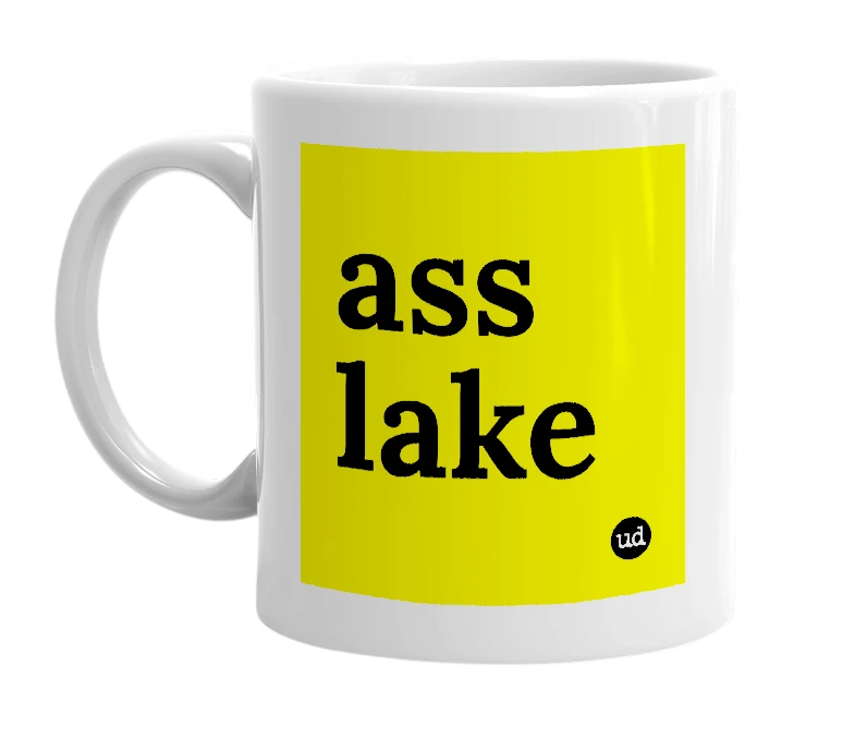 White mug with 'ass lake' in bold black letters