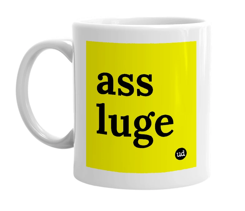 White mug with 'ass luge' in bold black letters