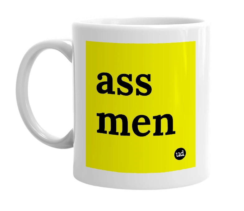 White mug with 'ass men' in bold black letters