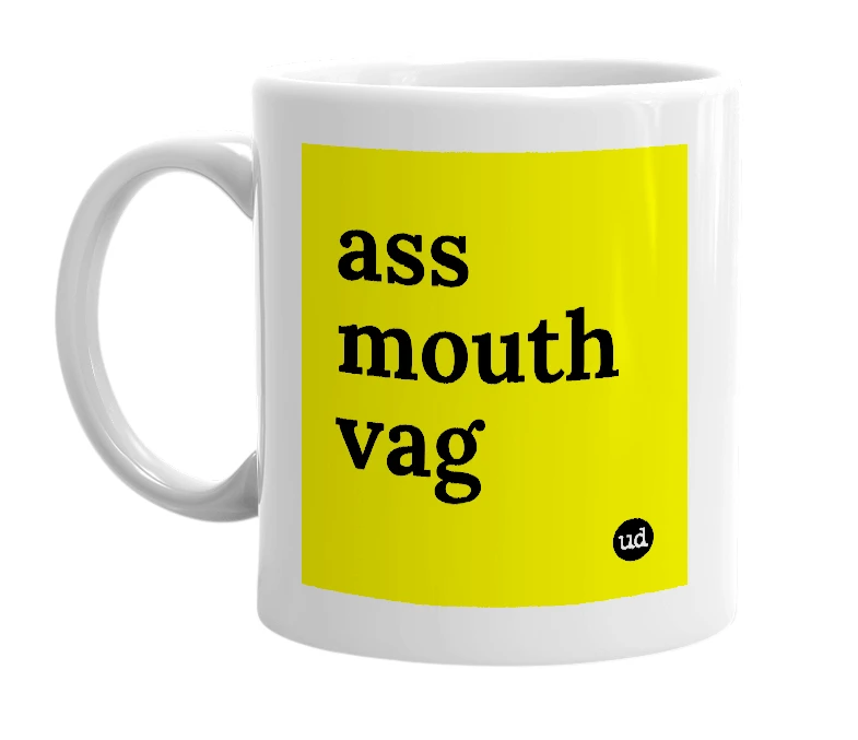 White mug with 'ass mouth vag' in bold black letters