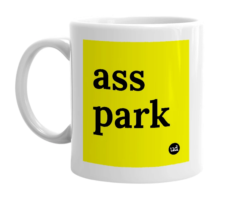 White mug with 'ass park' in bold black letters