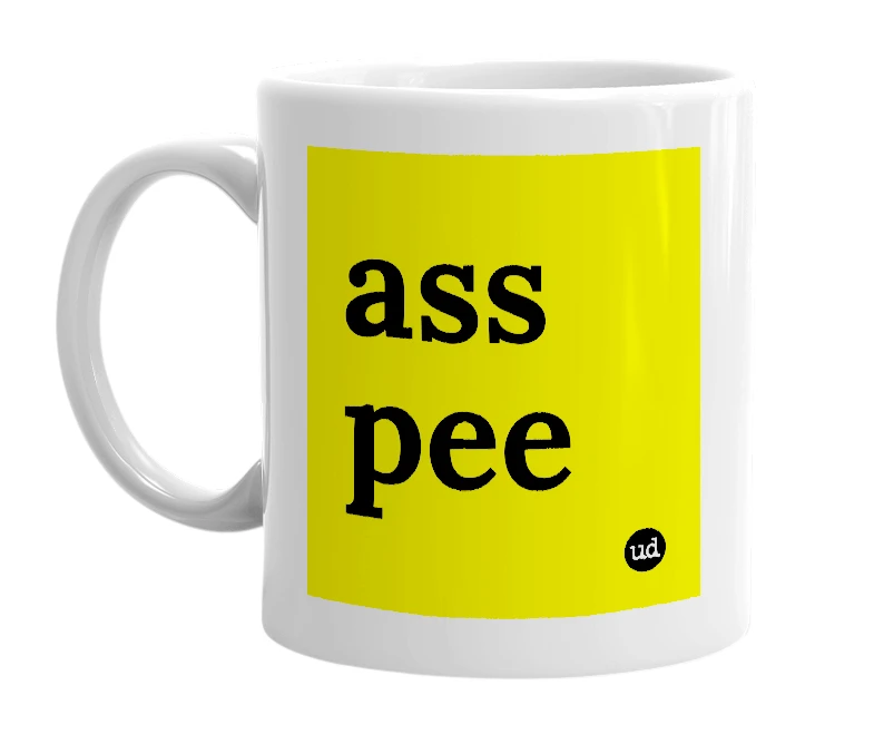 White mug with 'ass pee' in bold black letters