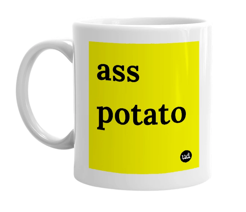 White mug with 'ass potato' in bold black letters