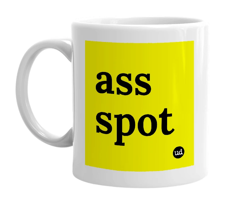 White mug with 'ass spot' in bold black letters