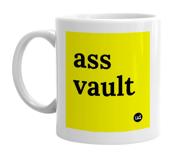 White mug with 'ass vault' in bold black letters
